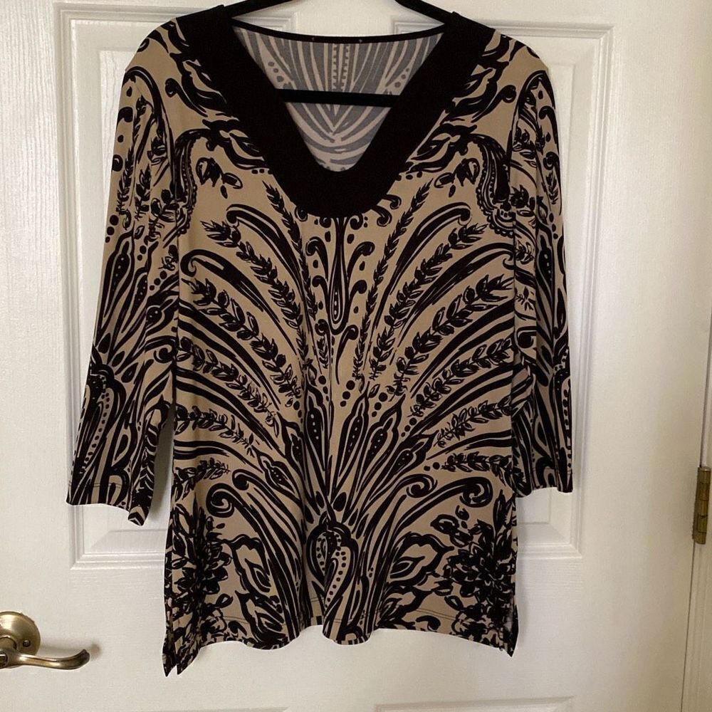 Chico’s Travelers Coll Tunic Top, Black & Tan, 3/4 Sleeves, Size 1